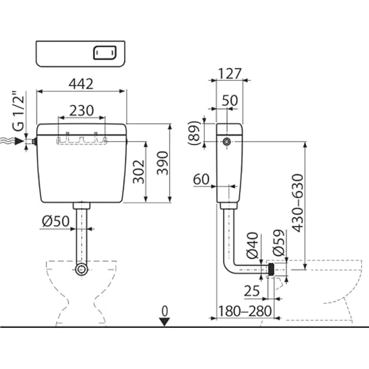 AlcaDrain Spülkasten A940-M, 1/2 Zoll niedrig hängend mit START/STOP Spülung, einstellbares Spülvolumen 6–8 l, isoliert – Bild 2