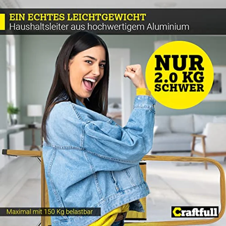 Craftfull Stehleiter CF-133A Aluminium-Haushaltsleiter klappbar Holzoptik (2 Stufen Holz Edition) – Bild 3