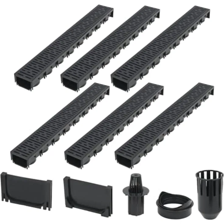 vidaXL 6x Entwässerungsrinne Set, 6m Kunststoffbodenrinne mit korrosionsbeständigem Kunststoffrost und modularen Kanälen, schwarz