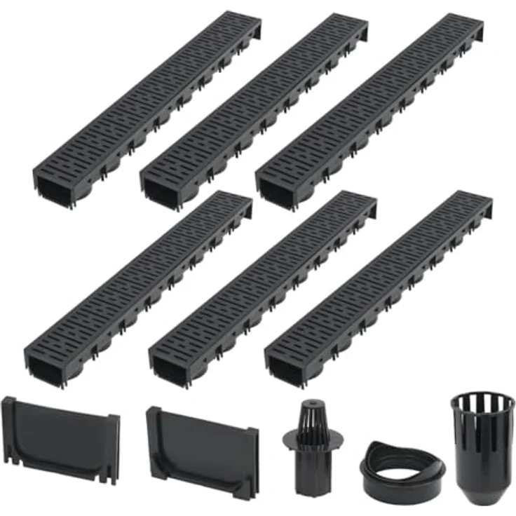 vidaXL 6x Entwässerungsrinne Set, 6m Kunststoffbodenrinne mit korrosionsbeständigem Kunststoffrost und modularen Kanälen, schwarz – Bild 1
