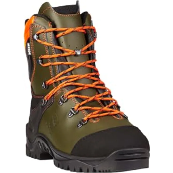KOX Schnittschutzstiefel UNO, Olivgrün, Größe 47, rutschfeste Gummisohle, atmungsaktives Innenfutter, hydrophobiertes Rindsleder