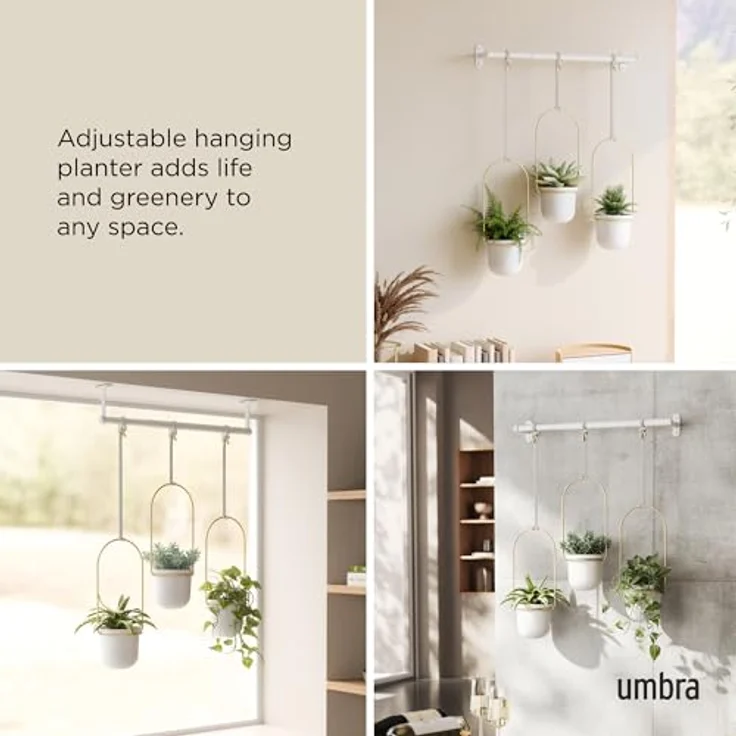 Umbra Triflora Vase, Hängeblumentopf, Wandvase, Blumenampel für Wand-und Deckenanbrinung, Melamin, Metall, Weiss-Messing, 3er Set – Bild 4