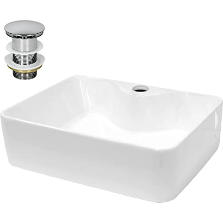 ecd germany Waschbecken Quadratischform 480x380x140 mm weiß aus Keramik - inkl. Ablaufgarnitur ohne Überlauf – Bild 2