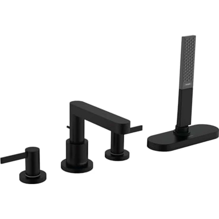 hansgrohe Finoris 4-Loch Wannenrandarmatur mit sBox, mattschwarz, inkl. Rainfinity 100 Stabhandbrause, 152 mm Ausladung, AirPower und QuickClean – Bild 1
