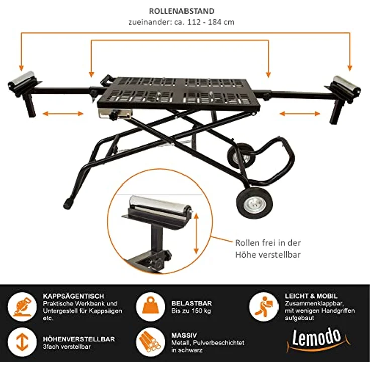 Lemodo mobile Werkbank, höhenverstellbarer Kappsägetisch, klappbar, schwarz, mit Transportrollen – Bild 3