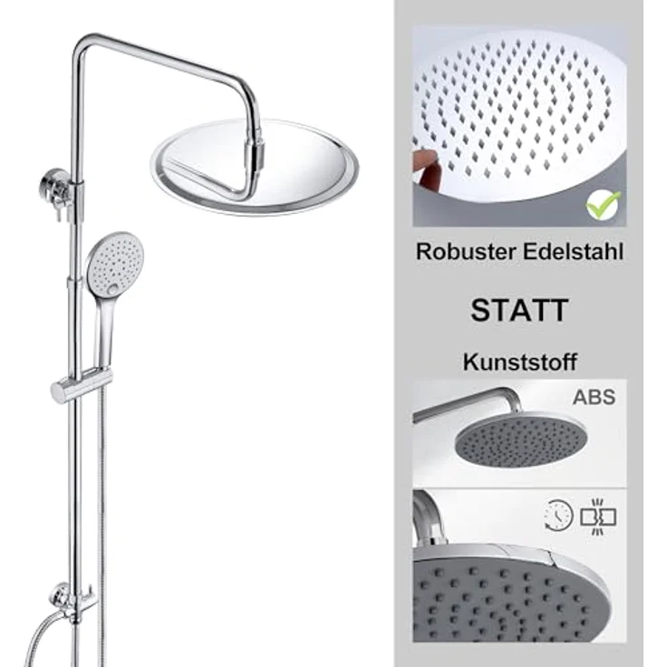 JOHO Edelstahl Duschset ohne Armatur, Chrom, Regendusche mit 3 Strahlarten, höhenverstellbare Duschsäule, anti-Kalk Düsen, 20 cm Kopfbrause – Bild 2