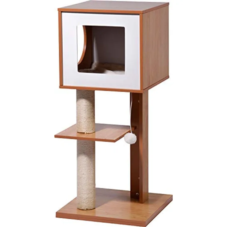 dobar® 35279FSCe Katzen Kratzbaum "Susy" - Katzenmöbel mit Kratzsäule und Spielball - Katzenhöhle mit flauschigem Katzenbett - 49 x 40 x 91 cm - Braun/Weiß