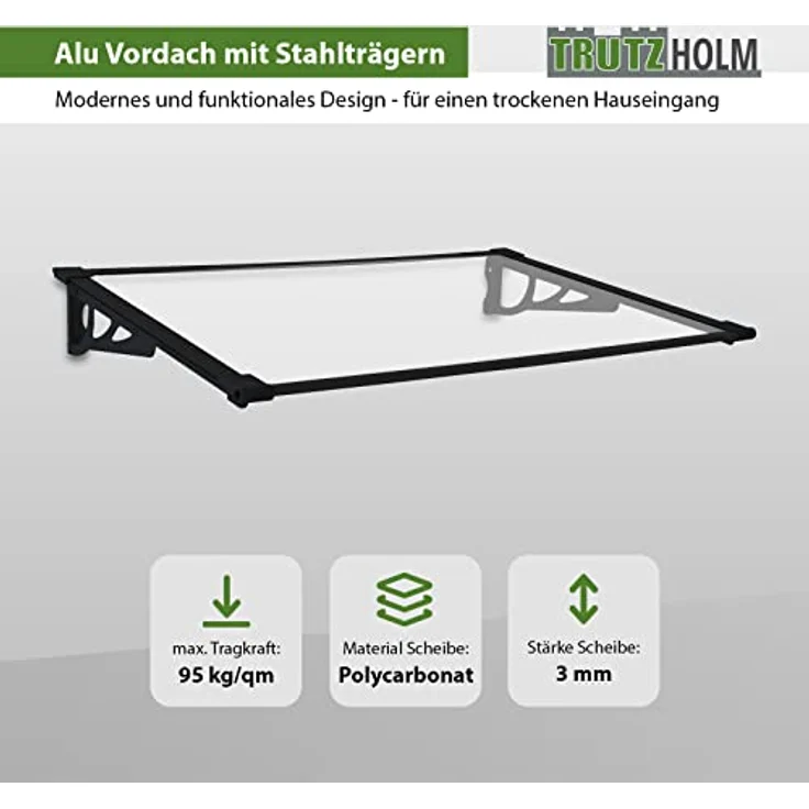 Trutzholm Aluminium Vordach II als Haustürvordach 120 x 80 cm schwarz Türdach Türvordach Haustürvordach Pultvordach – Bild 2
