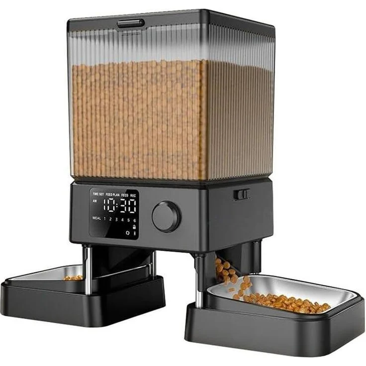 Oneisall Dualer automatischer Futterspender für zwei Haustiere, 2.10 l, programmierbare Portionen, auslaufsicherer Deckel