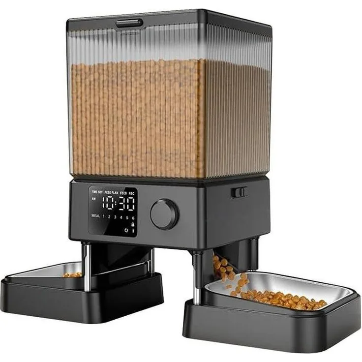 Oneisall Dualer automatischer Futterspender für zwei Haustiere, 2.10 l, programmierbare Portionen, auslaufsicherer Deckel