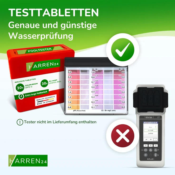 Harren24 Test-Tabletten RAPID für pH-Wert und freies Chlor, 100 Stück, schnelle manuelle Messung, Made in Germany