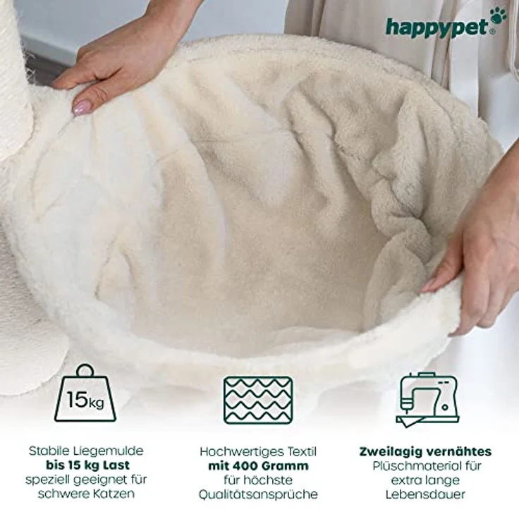 HAPPYPET Großer Kratzbaum Parker 171 cm hoch - Kletterbaum Katzenbaum für Katzen, Stabile Dicke Sisal-Säulen 11 cm, Haus Spieltunnel, große Liegemulden (Belastbar 15 kg), Spieltau & Kratzrolle, Creme – Bild 3
