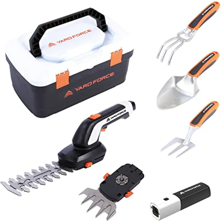 Yard Force VITA Werkzeugkoffer mit 4V / 4Ah Akku, Akku Gras und Strauchschere, Handschaufel, Handgrubber, Handgrabgabel, HX V05S, Weiß