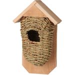 Koopmann Vogelhaus aus Seegras und Holz, zum Aufhängen, ca. 14,5 x 9,3 x 26 cm, natur