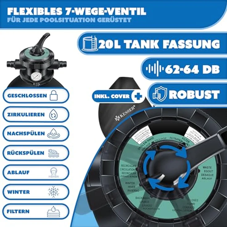 KESSER Sandfilteranlage Sandfilter + 700g Filterbälle ersetzen 25kg Filtersand 7-Wege Ventil mit Druckanzeige Poolfilter 10 m³-h Filteranlage Filterkessel für Pool Schwimmbecken 10.200 L-h Schwarz – Bild 6