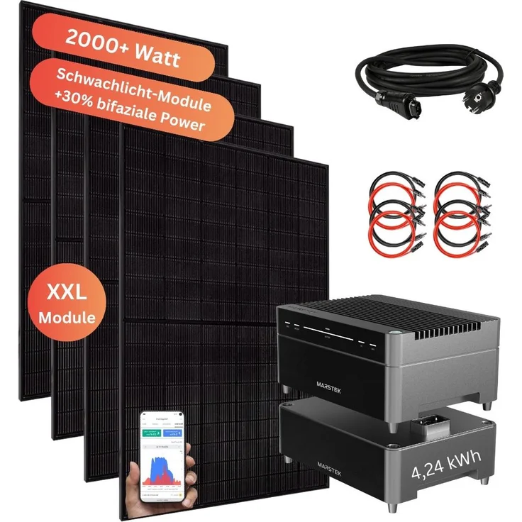 MyVoltaics Balkonkraftwerk 2000+ Watt mit Marstek Venus A Speicher 4,24 kWh, erweiterbar, Nulleinspeisung & Notstromfunktion, bifaziales Solarmodul