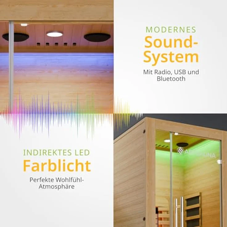 Artsauna Infrarotkabine Kiruna90 Premium Dual Technologie, für 1 Personen, Hemlockholz, Sound-System, Bluetooth, LED-Farblicht, Natur – Bild 5