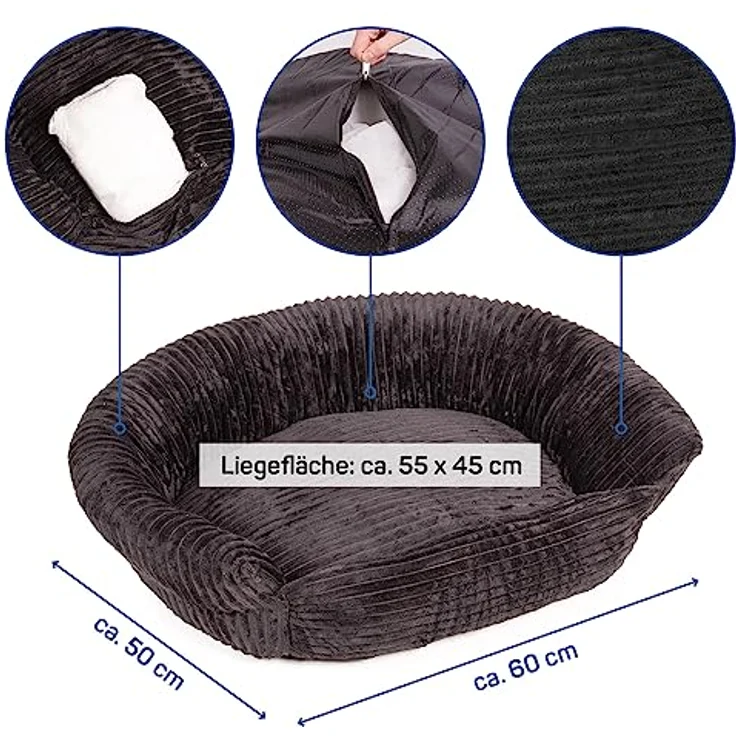 Wallace & Jones | Hundebett Cordo - Breitcord-Obermaterial samtweich - schwarz | S | ca. 60 x 50 x 24 cm – Bild 2
