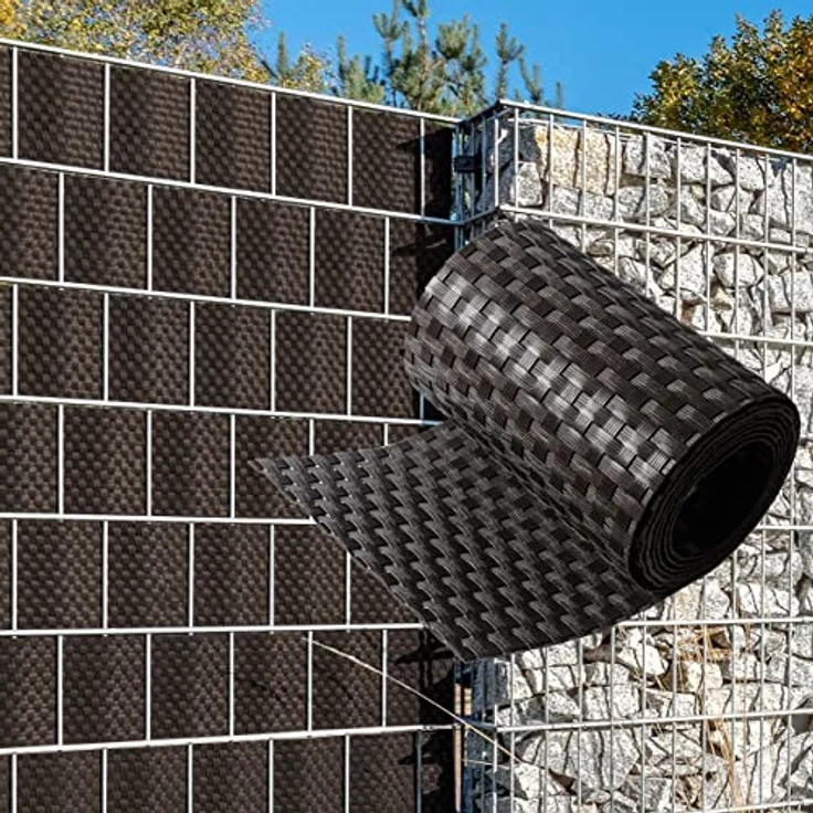 NYVI Polyrattan Sichtschutzstreifen Privafence Dunkelbraun, 255 x 19 cm, 10 Rollen (25,5 Meter), blickdicht und wetterfest für Doppelstabmattenzaun – Bild 1