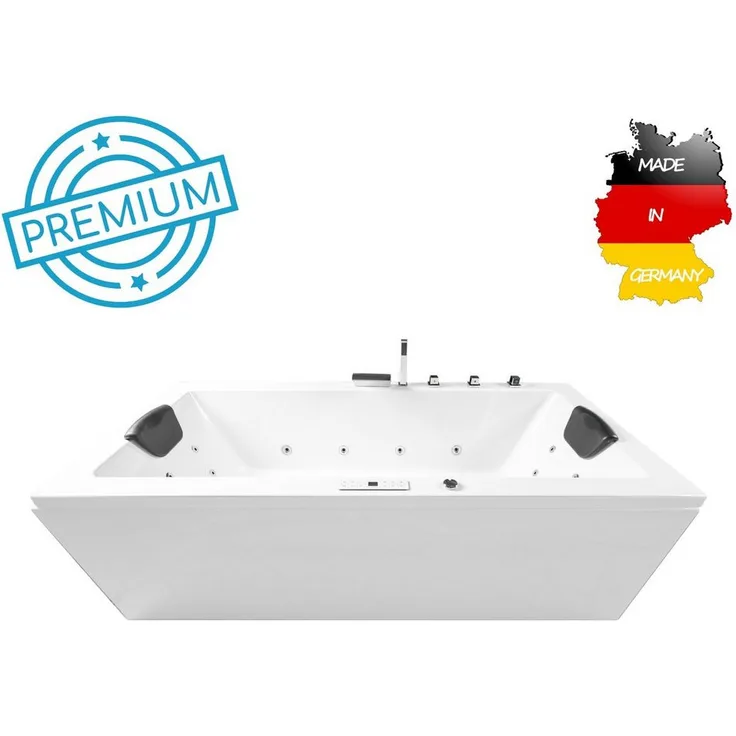 Basera® Whirlpool-Badewanne Naxos, Indoor Whirlpool Komplett-Set in Weiß mit 24 Massagedüsen, Heizung, Ozongenerator, Bodenansaugung, LED-Farblichtambiente und Bluetooth - Preisvergleich