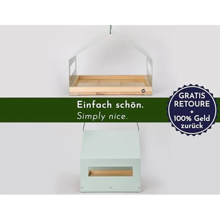 WONDERMAKE® Großes Design Vogelhaus aus Metall und Holz wetterfest zum Aufhängen, modernes Vogelfutterhaus XL Metalldach hängend, Vogelhäuschen Futterhaus für Vögel, Edelstahl Kiefer, türkis-grau mint – Bild 5