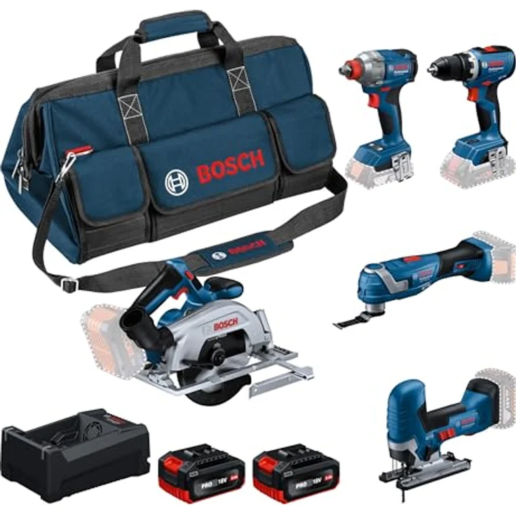 Bosch Professional Accutoolkit 18V, 5-teiliges Elektrowerkzeugset mit GSR 18V-65 Bohrschrauber, GDX 18V-285 Schlagschrauber, GKS 18V-57-2 Kreissäge, GOP 18V-34 Multi-Oszilliergerät, GST 18V-125 S Stichsäge, 2 x 5,0 Ah Akkus und Schnellladegerät in robuster Tasche – Bild 1