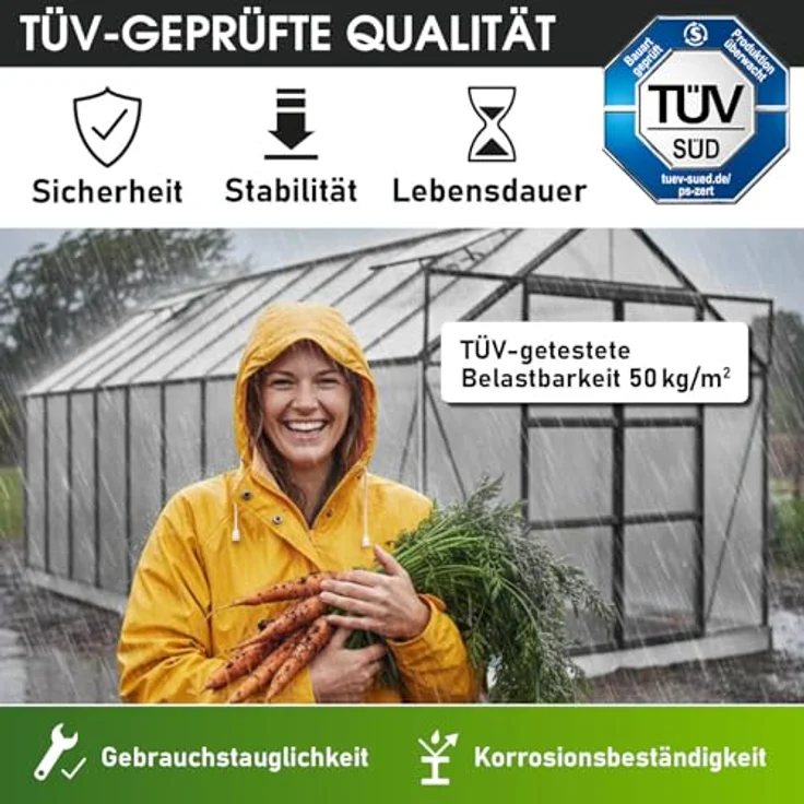 BRAST Gewächshaus Aluminium mit Fundament, 250x190x195cm, grau, TÜV geprüft, 6mm Hohlkammerplatten, rostfrei, wetterfest, temperaturbeständig – Bild 3