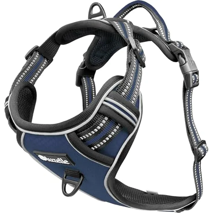 bluzelle Hundegeschirr für große Hunde, XL, Blau, Reflektierendes Brustgeschirr mit Griff & Tasche für GPS Tracker, Anti-Zug Design, Atmungsaktiv & Langlebig
