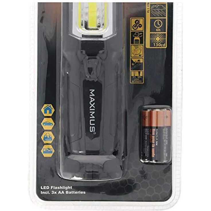 Maximus Arbeitlampe M-WKL-012-DU, LED COB Handlampe mit 240/60 Lumen, 90° drehbar, stoßfest und spritzwassergeschützt, inkl. 3xAA Batterien – Bild 7