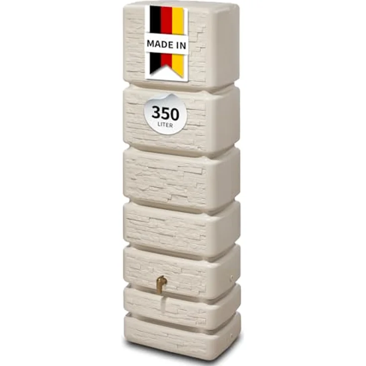 4rain Slim Wandtank sandbeige - Regentonne mit 350 Liter Volumen, Steinoptik, UV-stabil und 5 Gewindeanschlüssen – Bild 2