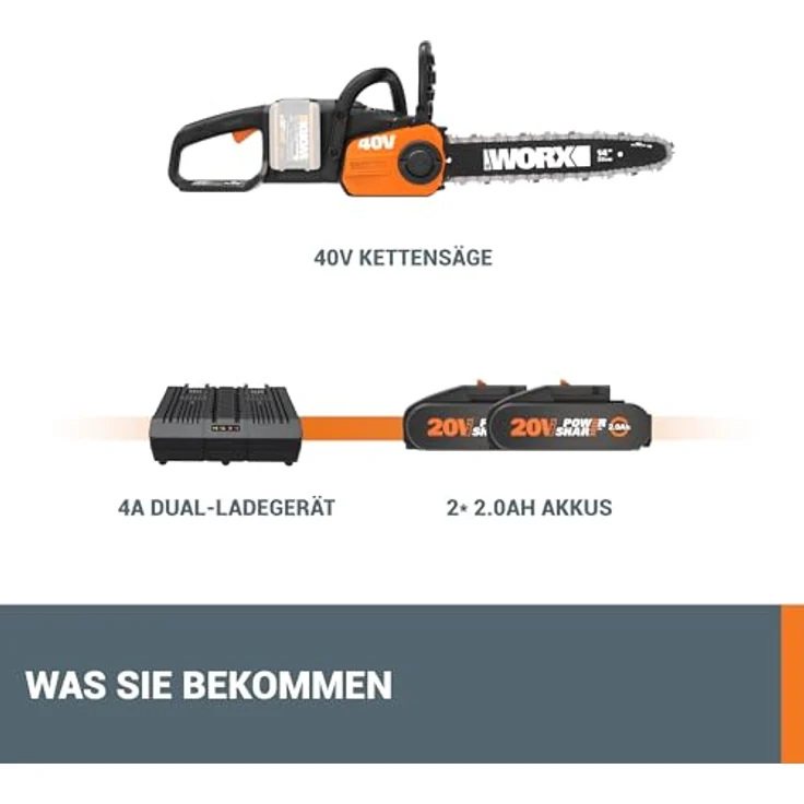 WORX 40V Akku Kettensäge WG384E, 2 x 2,0Ah, Powershare, Bürstenloser Motor, Werkzeugloses Kettenspannsystem, Schnellstopp-kettenbremse, Dual- ladegerät, 35cm Stablänge, 2 x 18V – Bild 8