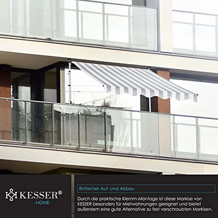 KESSER® Klemmmarkise mit Handkurbel Balkon, Balkonmarkise ohne Bohren, UV-beständig höhenverstellbar wasserabweisend, Sonnenschutz, Terrassenüberdachung, einfache Montage 200cm – Bild 5
