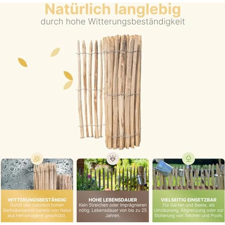 STILTREU Französischer Premium Staketenzaun Kastanie, 5 Meter lang, 150 cm hoch, Lattenabstand 4-5 cm, pflegeleicht und witterungsbeständig – Bild 4