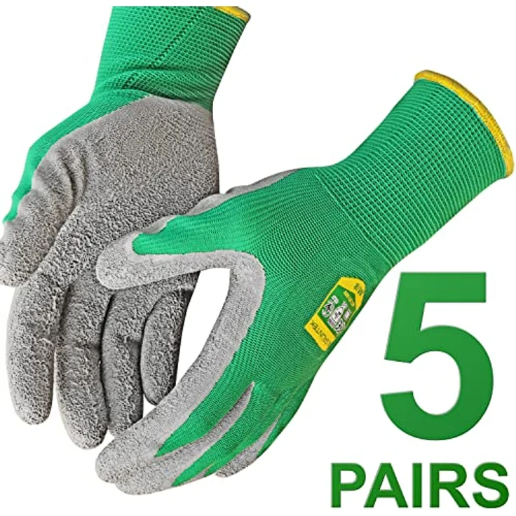 GRÜNTEK 5 Paar Gartenhandschuhe aus Polyesterfaser mit Latexbeschichtung, Gr. L/9, wasserabweisend & strapazierfähig, für privaten und gewerblichen Gebrauch, in Unisex Design – Bild 2