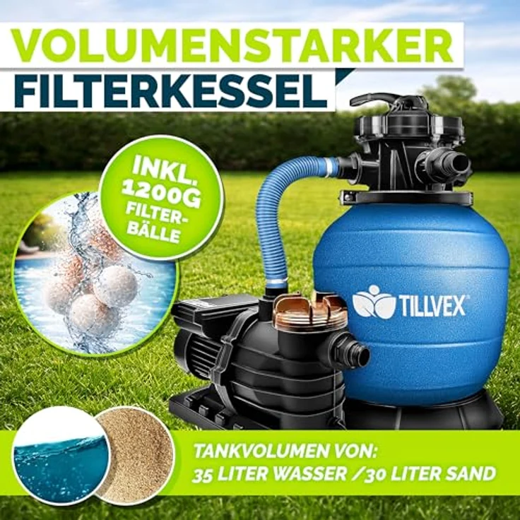 tillvex Sandfilteranlage 13.200L/h, selbstansaugend mit 1200g Filterbällen, 7-Wege Ventil & 2in1 Adapter Ø32-38mm für Pools bis 40.000L – Bild 7