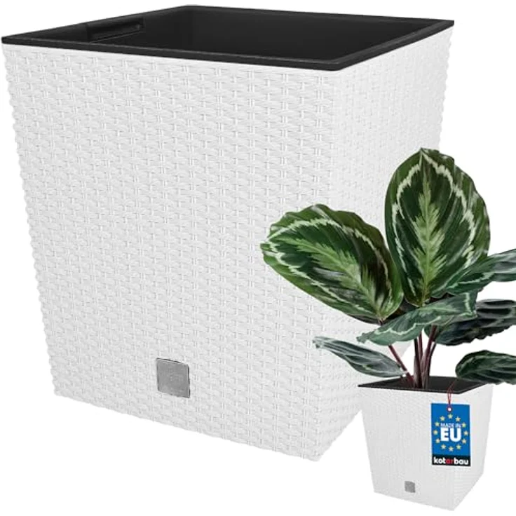 KOTARBAU® Blumentopf Set, 15,8 L, Höhe 27 cm, Weiß, Kunststoff mit Innentopf und Rattan-Optik für Innen und Außen – Bild 1