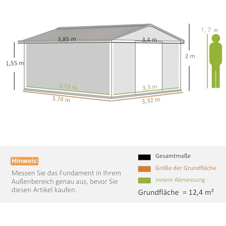 Outsunny Gerätehaus 12,4 m², Gartenhaus mit Pultdach, Schiebetür, Fundament, wetterfest, Hellgrau – Bild 5