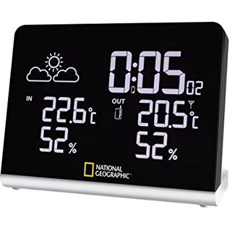 National Geographic Multi Colour Funkwetterstation, True Black LCD-Display, 256-Farben, Innen-/Außentemperatur, Luftfeuchtigkeit, 12-Std. Wettertrend, schwarz