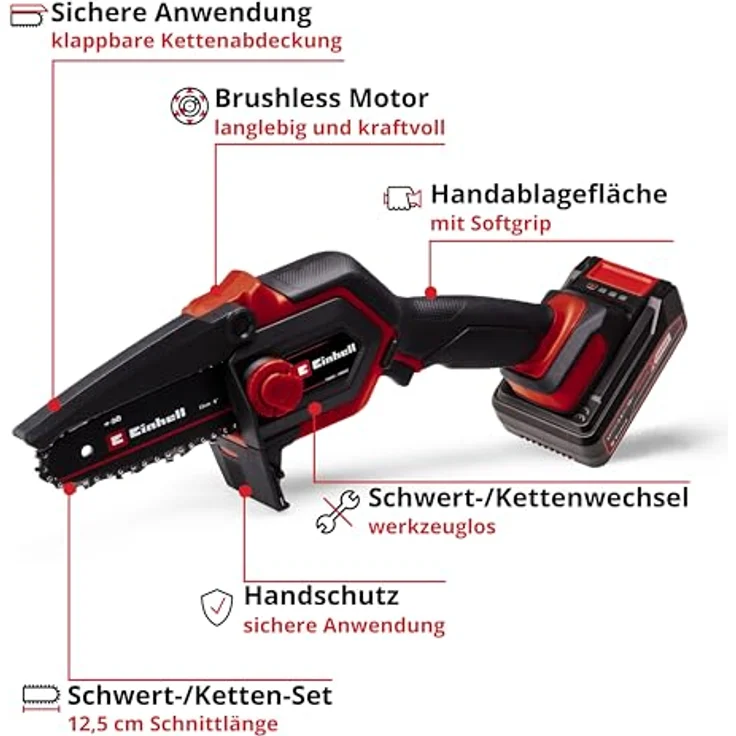 Einhell Akku-Kettensäge GE-PS 18/15 Li BL Kit, handlich mit 15,8 cm Schwertlänge, Bürstenloser Motor und 2,5 Ah Akku im Set – Bild 4