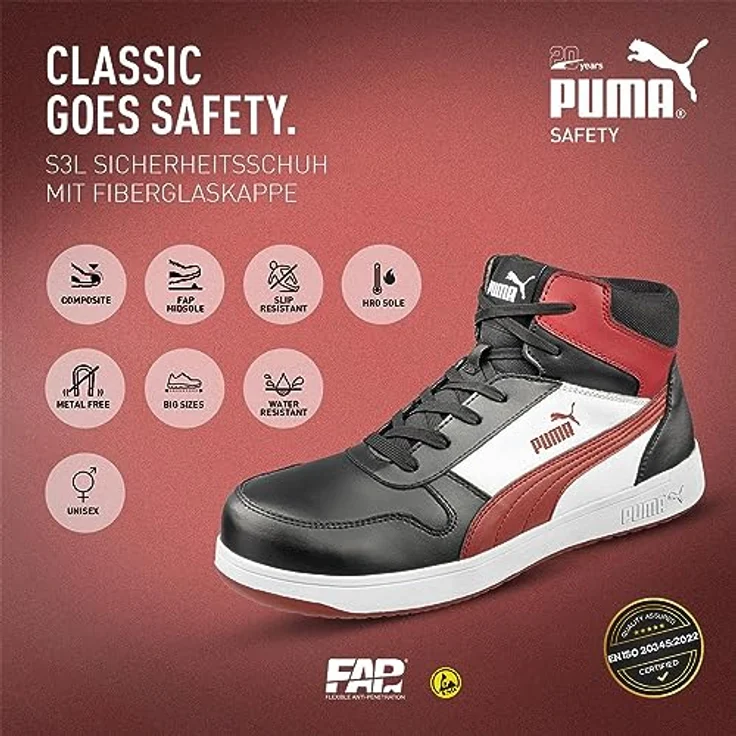 PUMA Safety FRONTCOURT BLK/WHT/RED MID S3 Sicherheitsschuh mit Fiberglaskappe und rutschfester, hitzebeständiger Laufsohle – Bild 2