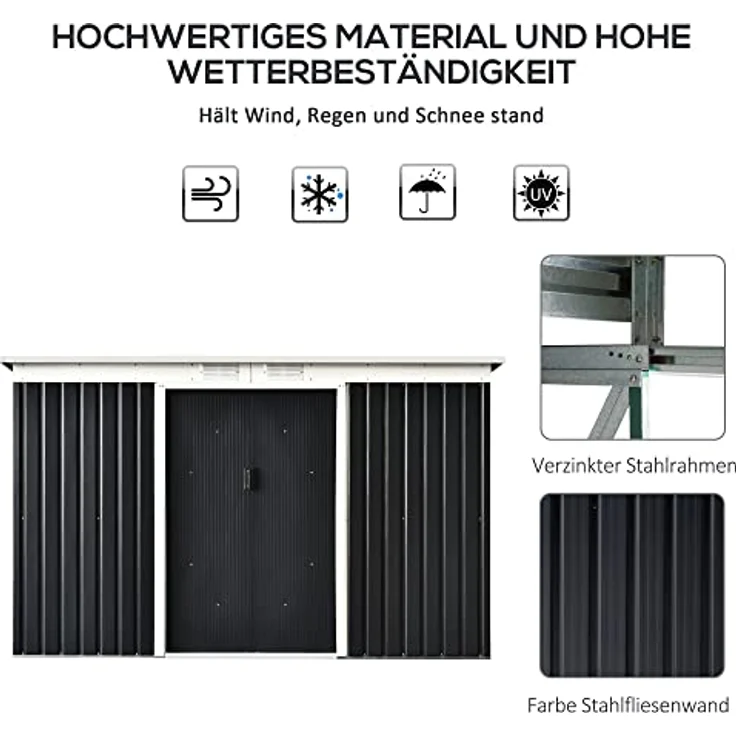 Outsunny Gerätehaus, Gartenhaus, Geräteschuppen mit Schiebetür, Lüftungsfenster, Pultdach, Outdoor, Stahl, Dunkelgrau, 280 x 130 x 172 cm – Bild 4