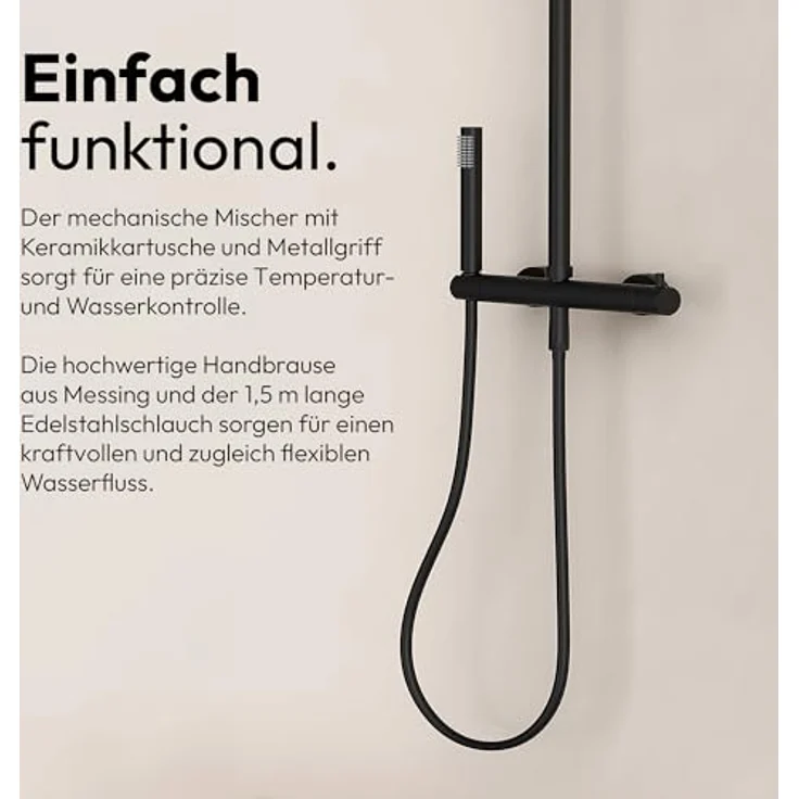 Marwell Duscharmatur Duschset Classico schwarz, verstellbare Duschstange 88-118 cm, Regendusche Ø250 mm, Handbrause mit Schlauch – Bild 4