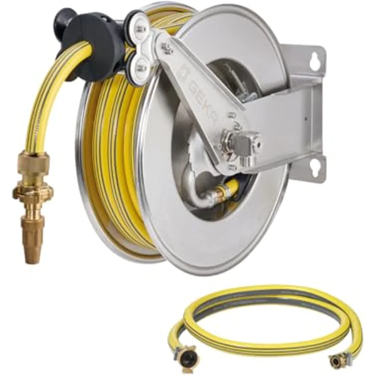 GEKA plus automatischer Schlauchaufroller EA15SK, Edelstahlkonstruktion mit automatischem Rückzug und individuellem Schlauchstopper, 52 x 45 x 23,5 cm – Bild 1