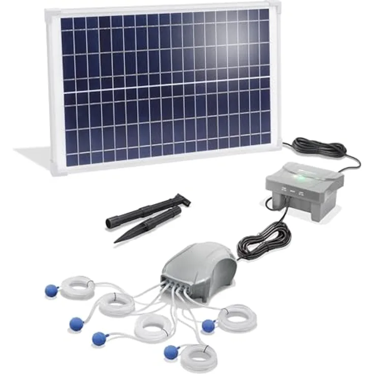 Esotec Solar Teichbelüfter Set 25/600 Power, 5 Ausgänge, 600 l/h Luftleistung, LiFePO4 Akku, 25W Solarpanel, Teichbelüftung