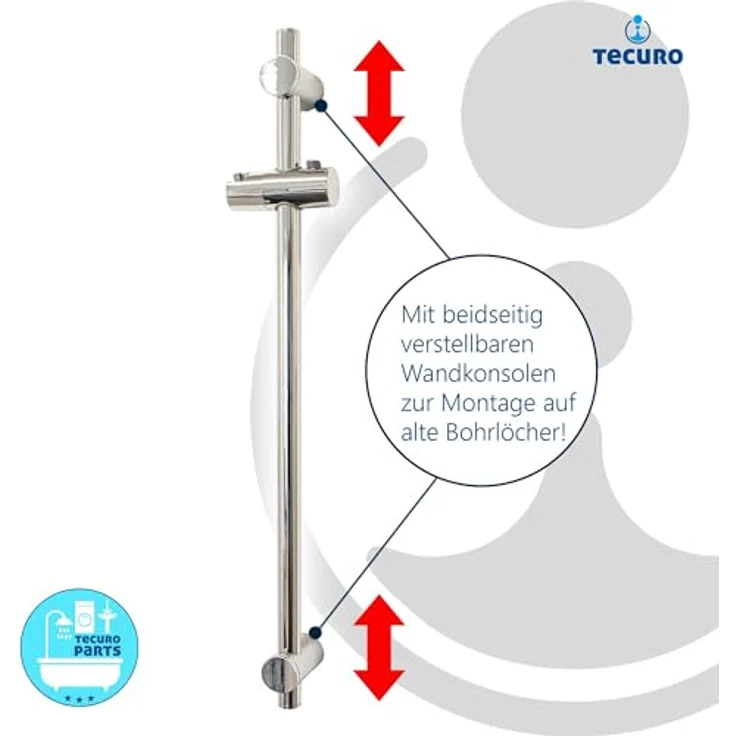 tecuro Duschstange Brausestange SUN, hochglanzverchromt, 115 cm mit variablen Wandbefestigungen und verstellbarem Brausegleiter – Bild 2