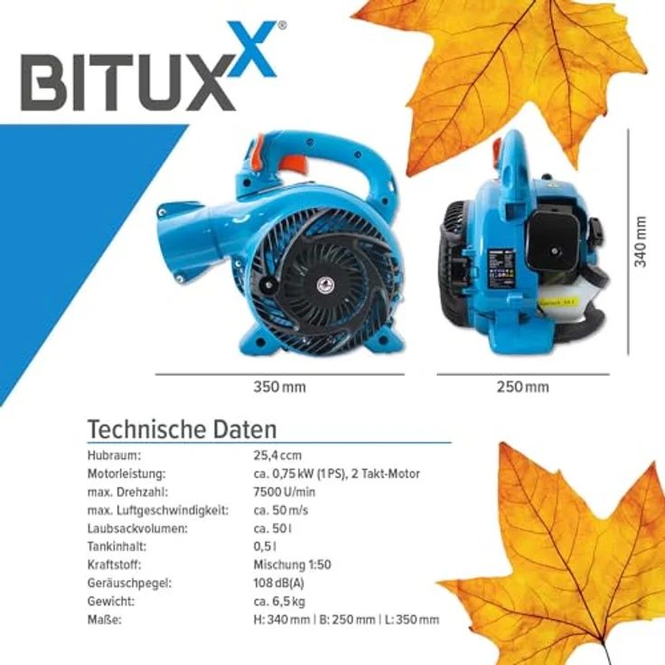 Bituxx MS-13494, 3in1 Benzin Laubsauger/Laubbläser/Laubhäcksler, leistungsstarker 25,4 ccm Motor, 50 L Laubsackvolumen, Blau – Bild 4
