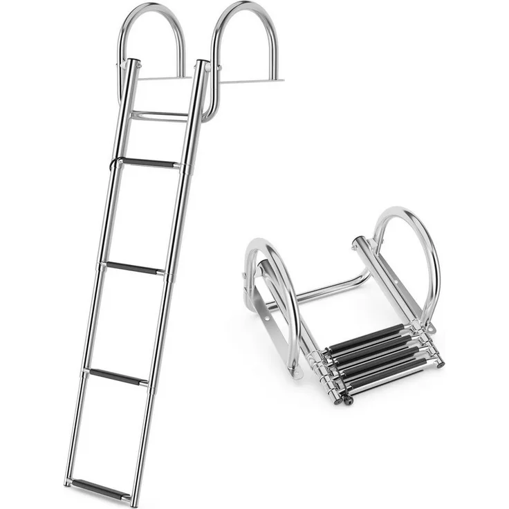 KOMFOTTEU Poolleiter, Bootleiter klappbar mit Handlauf, Edelstahl, Silber, Tragfähigkeit 227 kg