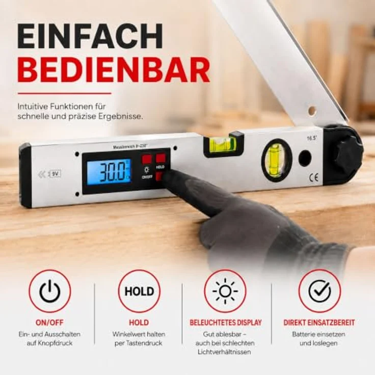 SCHMIDT security tools WM-420A digitale Wasserwaage und Winkelmesser, LCD Display mit blauer Hintergrundbeleuchtung, Messgenauigkeit ±0,5°, Silber – Bild 6