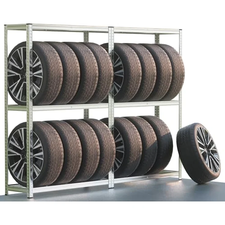 monzana Schwerlastregal, 2x Reifenregal für bis zu 8 Reifen, 795 kg Tragkraft, 3 höhenverstellbare Ebenen, vollverzinkte Stahlkonstruktion, inkl. Gummischutz, 180x120x40cm – Bild 1