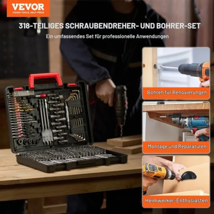 VEVOR 318-teiliges Bohrer- und Bit-Set für Bohrmaschine, hochwertige HSS- und CR-V-Bits, mit Transporttasche für Holz, Metall und Mauerwerk – Bild 2